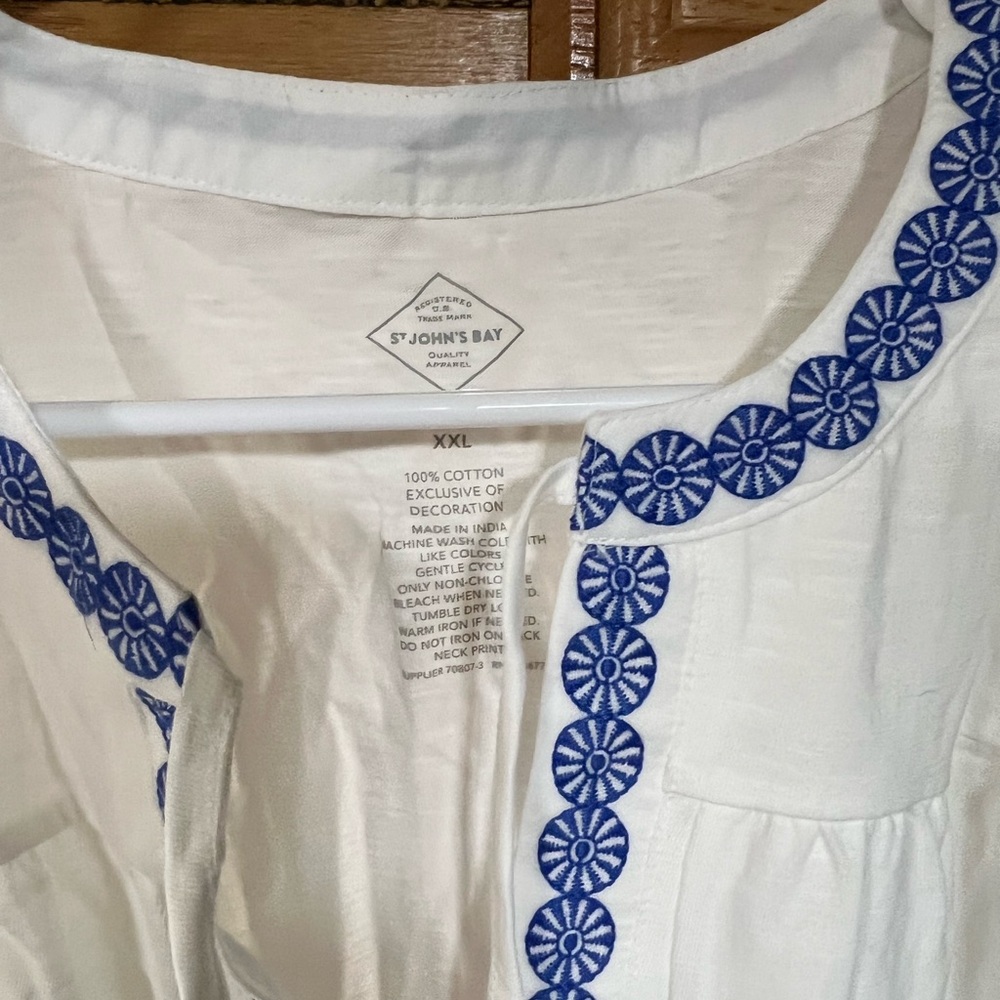 St. John's Bay Cream and Blue Embroidered Blouse